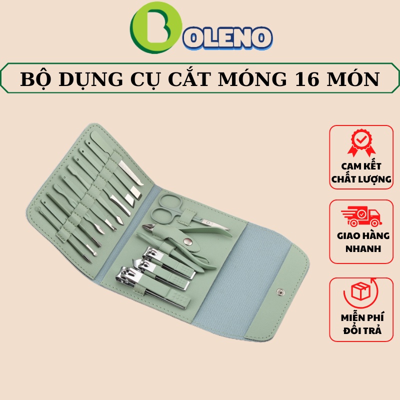 Bộ bấm kìm cắt móng tay, chân, 16 chi tiết màu hồng, chất liệu thép không gỉ kèm bao da đựng