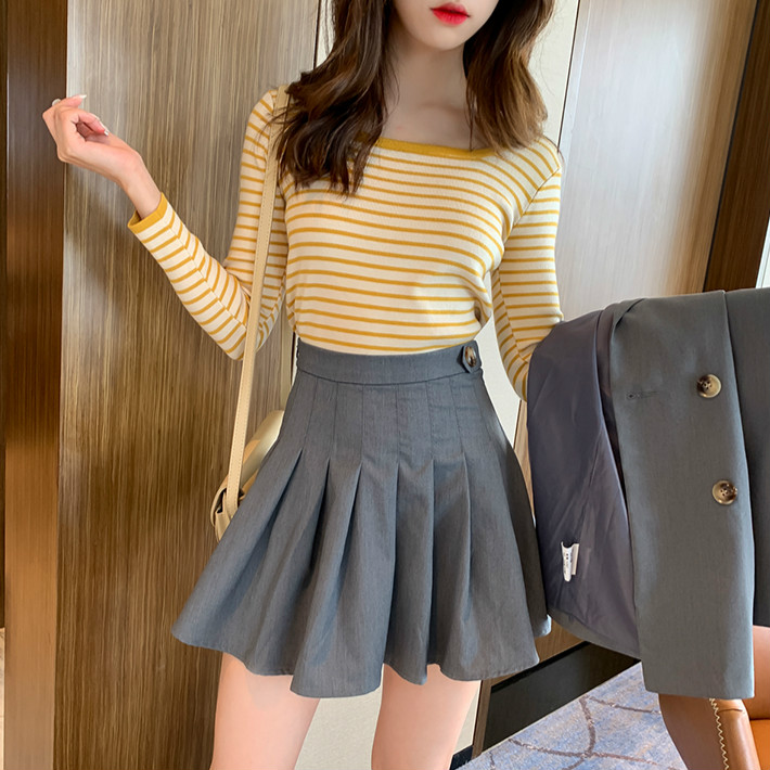 Áo thun SUXI dành cho nữ tay dài cổ vuông họa tiết sọc ngang thời trang