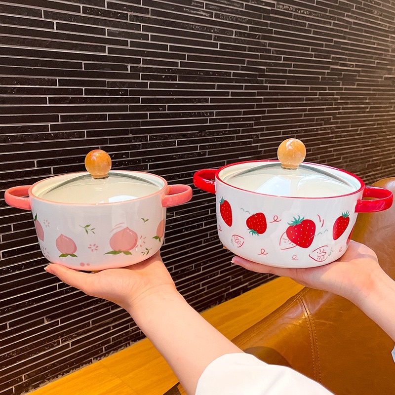 Tô ăn mì trái cây, tô nắp kính tiện lợi, bát sứ 2 quai có nắp hình hoa quả siêu xinh