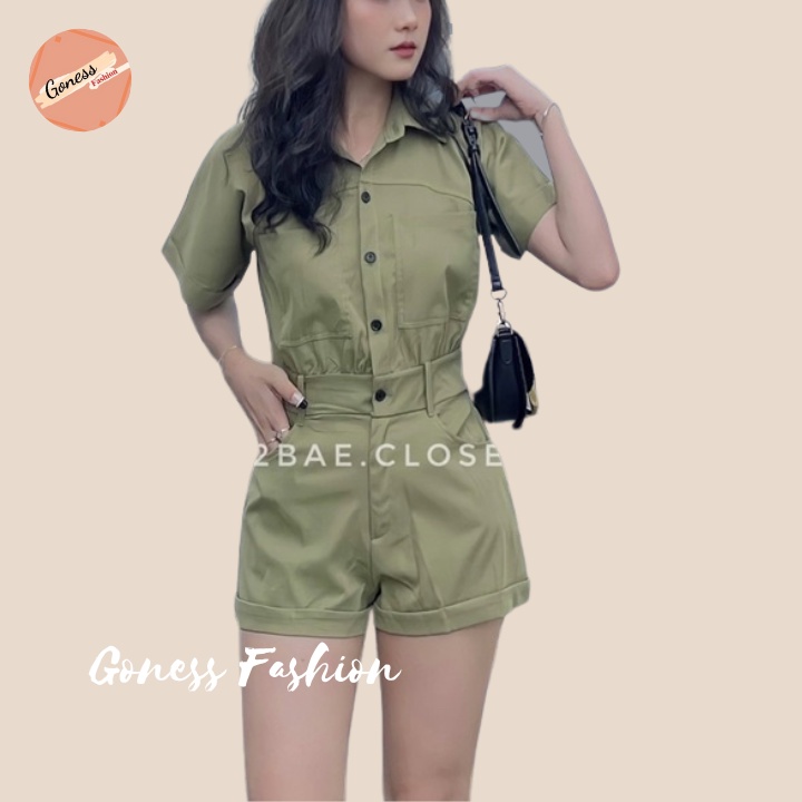 Bộ Jumpsuit Goness cổ sơ mi liền quần gập gấu dáng ngắn jum nữ body chất vải thô kaki cúc cài lưng chun chiết eo