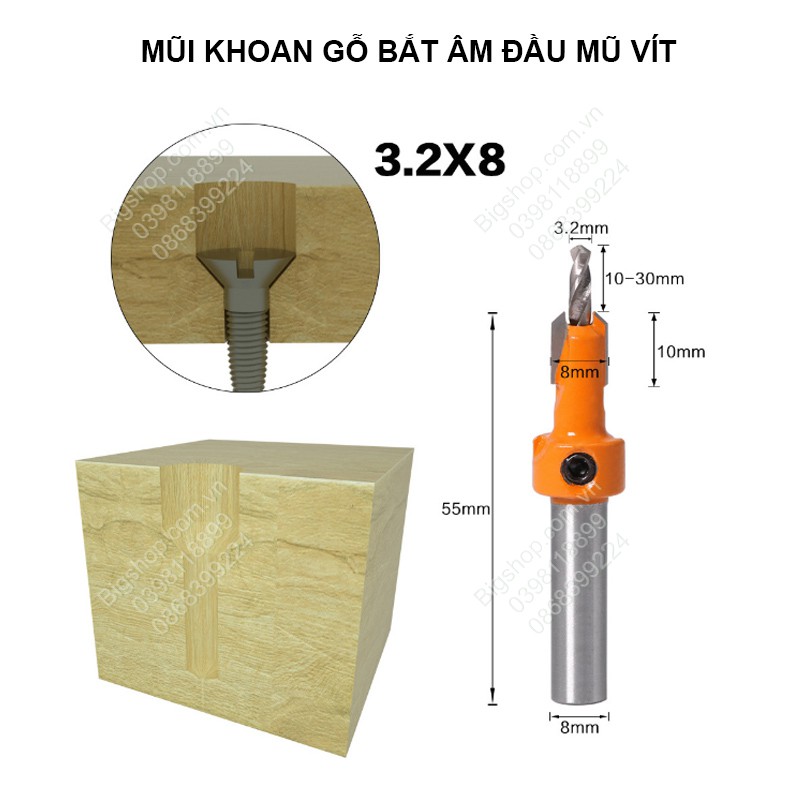 Mũi khoan gỗ, nhôm bắt âm đầu mũ vít nhiều kích cỡ, cốt 8mm nhiều kích cỡ