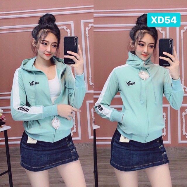 Áo khoác nữ thun da cá thêu chữ viền sọc trắng