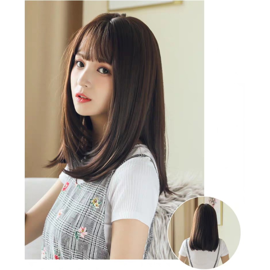 Tóc giả nữ nguyên đầu cup vai, tóc giả bộ cả đầu mái thưa thẳng