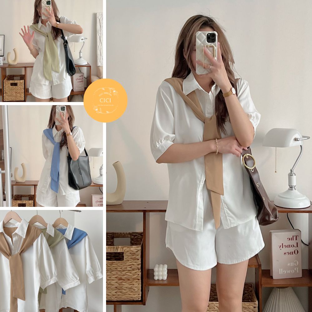 Áo sơ mi trắng cộc tay phôi dây buộc cổ kiểu dáng hàn quốc - SM075