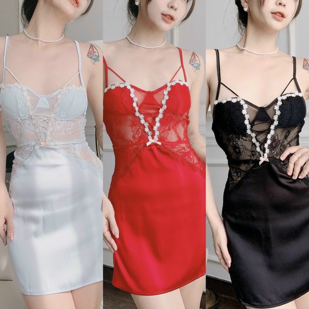 Đầm Ngủ Sexy Phối Ren Hoa Trắng Cúp Ngang Dây Chéo Mã 001 Minhduongct