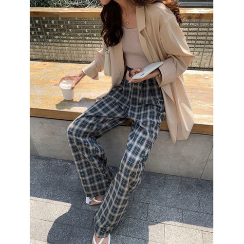 Quần ống rộng Họa Tiết Sọc Caro Thời Trang Phong Cách Retro Cho Nữ
