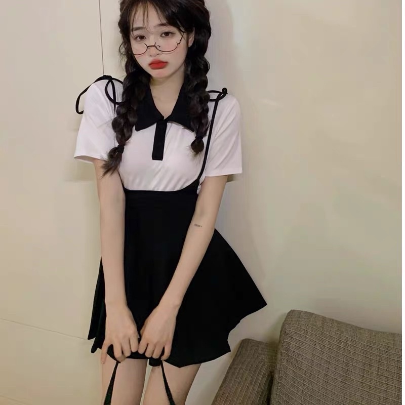 Set áo thun cổ đức váy yếm xếp li xoè [ Hàng order ]