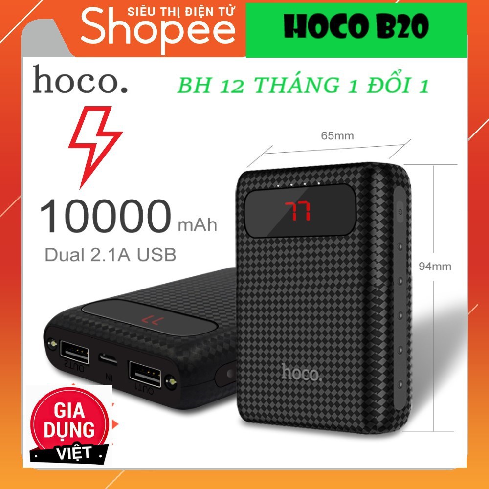 Pin Sạc Dự Phòng 10.000 mAh 2 Cổng Ra, Màn Led HOCO B20 Chính Hãng