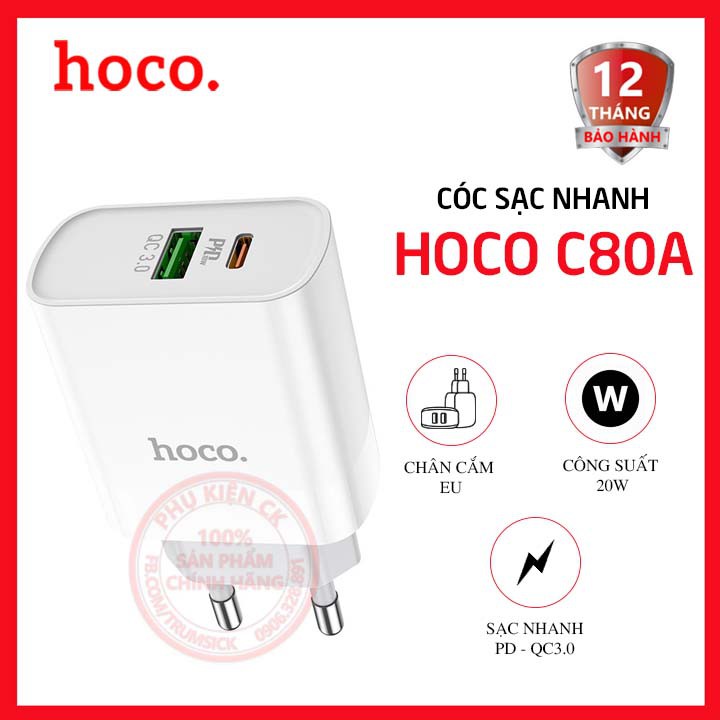 Cóc sạc nhanh Hoco C80A 1 cổng USB và 1 cổng Type-C 3.0A -Tương thích nhiều thiết bị