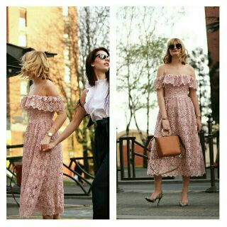 Váy ren midi hồng trễ vai HM Auth Sale sz 36