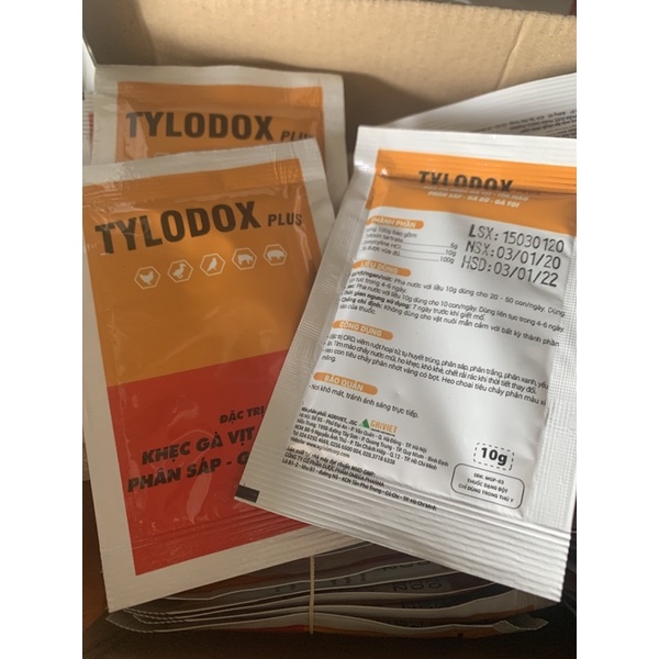 DATE 1/2022  TYLODOX 10g- khẹc gà vịt, gà rù, gà toi, phân sáp, tím mào trên gà vịt ngan cút