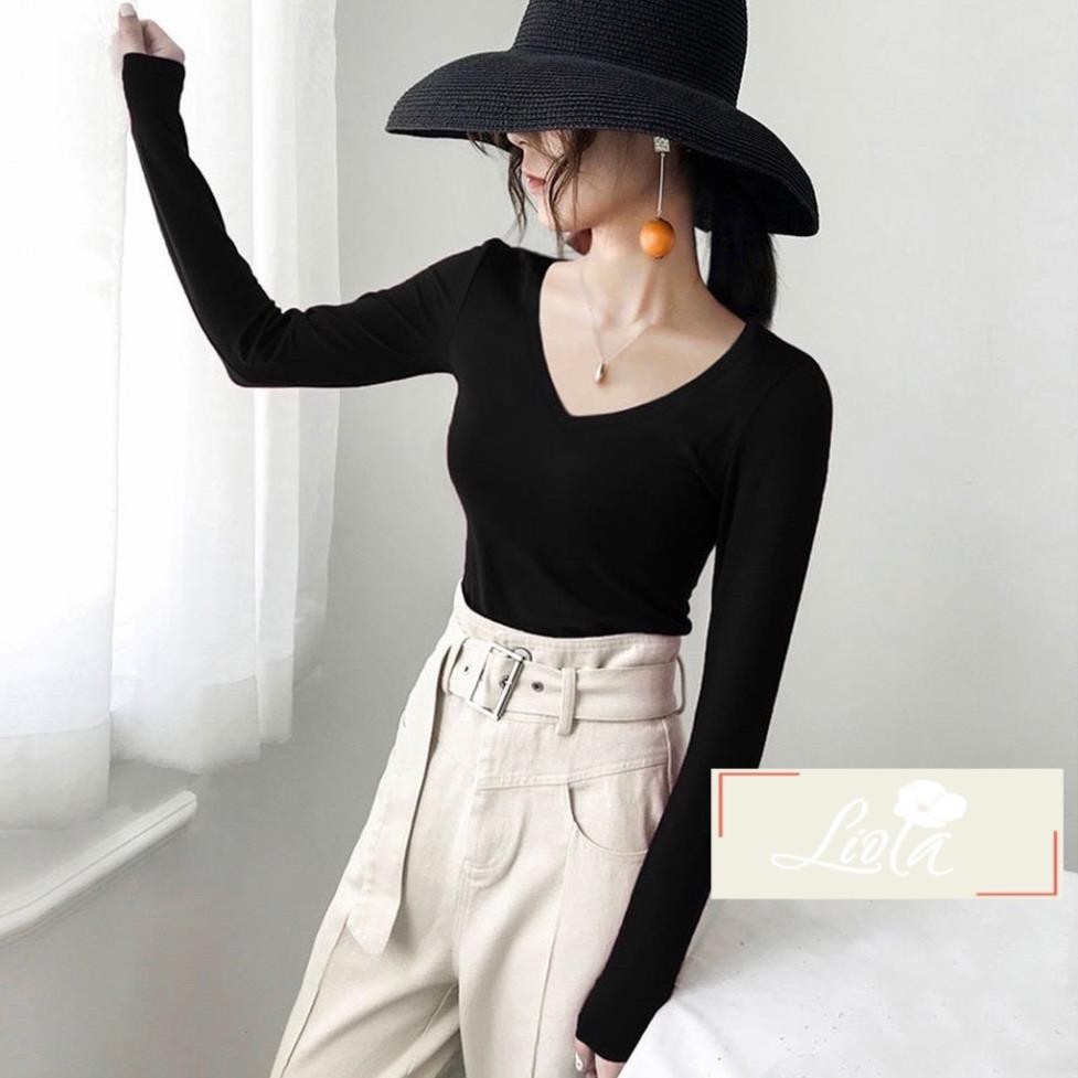 Áo Thun Tay Dài Nữ Cổ Tim - Thun Gân Ôm Body dáng ngắn . '
