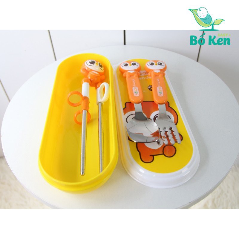 Shop Bố Ken Set tập ăn 3 món [Thìa, Dĩa, Đũa xỏ ngón] Edison, hình cú mèo [Tay phải]