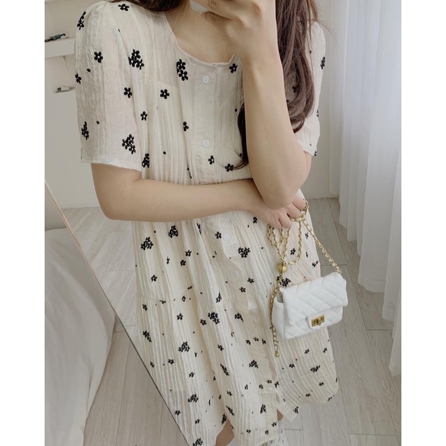 Đầm babydoll voan hoa hồng đen 888