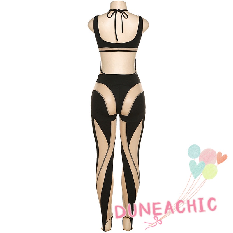 Áo liền quần DUNEA không tay phối lưới xuyên thấu thiết kế quyến rũ thời trang dành cho nữ