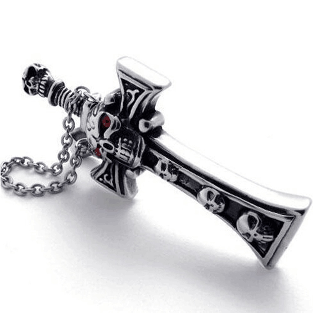 Laki-laki Stainless Steel Kepala Hantu Rantai Sepeda Salib Liontin Kalung