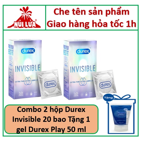 [COMBO] 2 hộp Bao cao su SIÊU MỎNG ÔM SÁT Durex Invisible TẶNG 1 Gel Play 50 ml