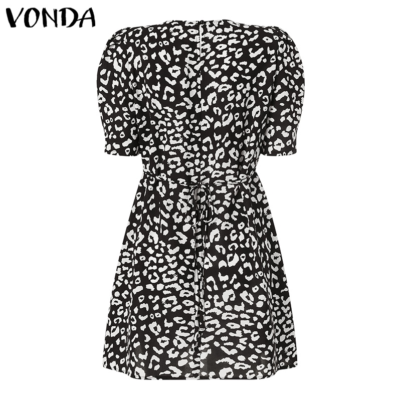 Đầm mini VONDA cổ tròn tay ngắn phồng in họa tiết da báo phong cách Hàn Quốc thời trang dành cho nữ