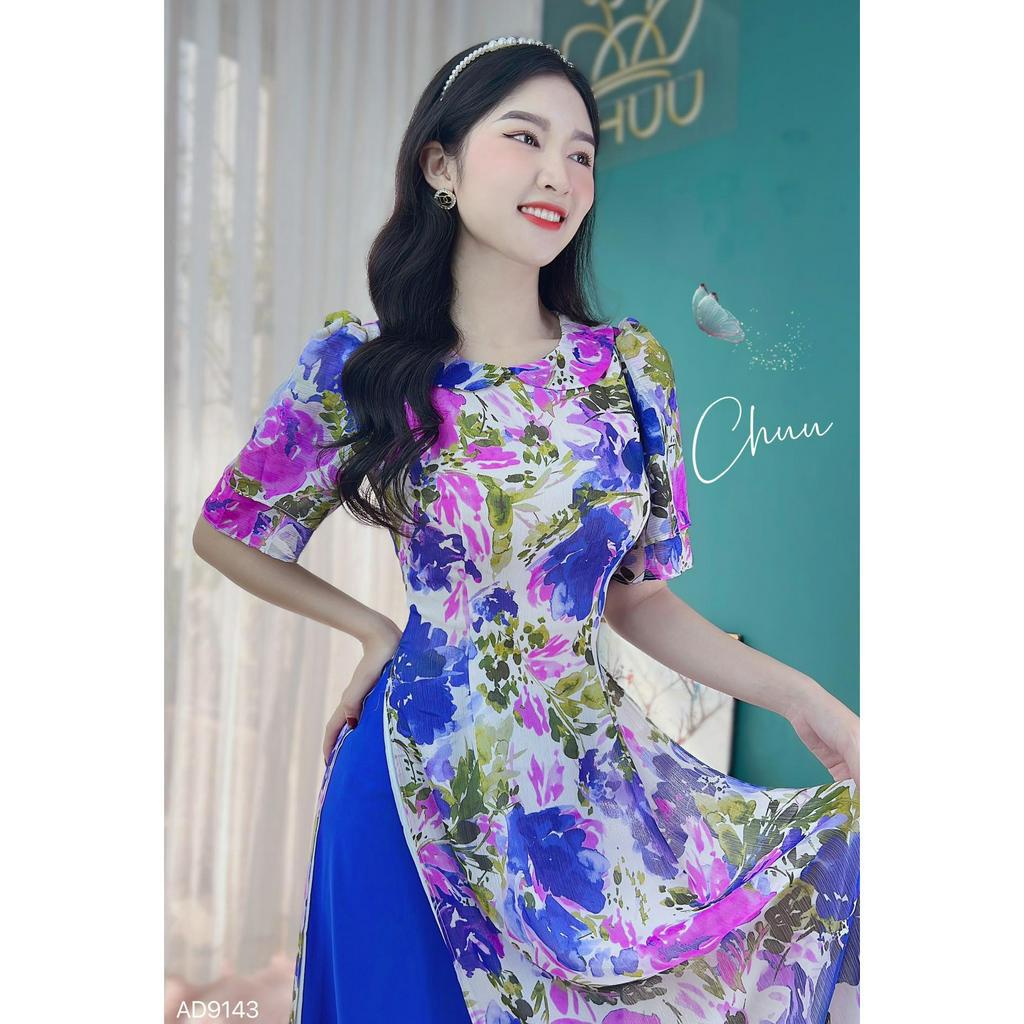 Áo dài hoa cách tân nữ cổ sen 4 tà CHUU AD9143 - không kèm quần