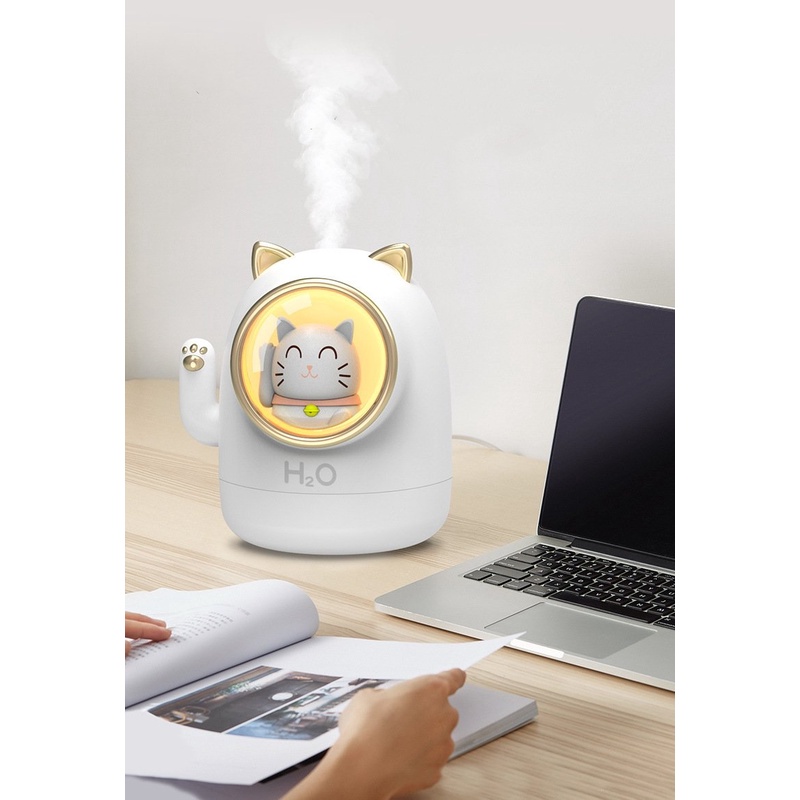 Máy phun sương tạo ẩm mini mèo may mắn dung tích 400ml, máy phun sương đèn Led cổng sạc Usb