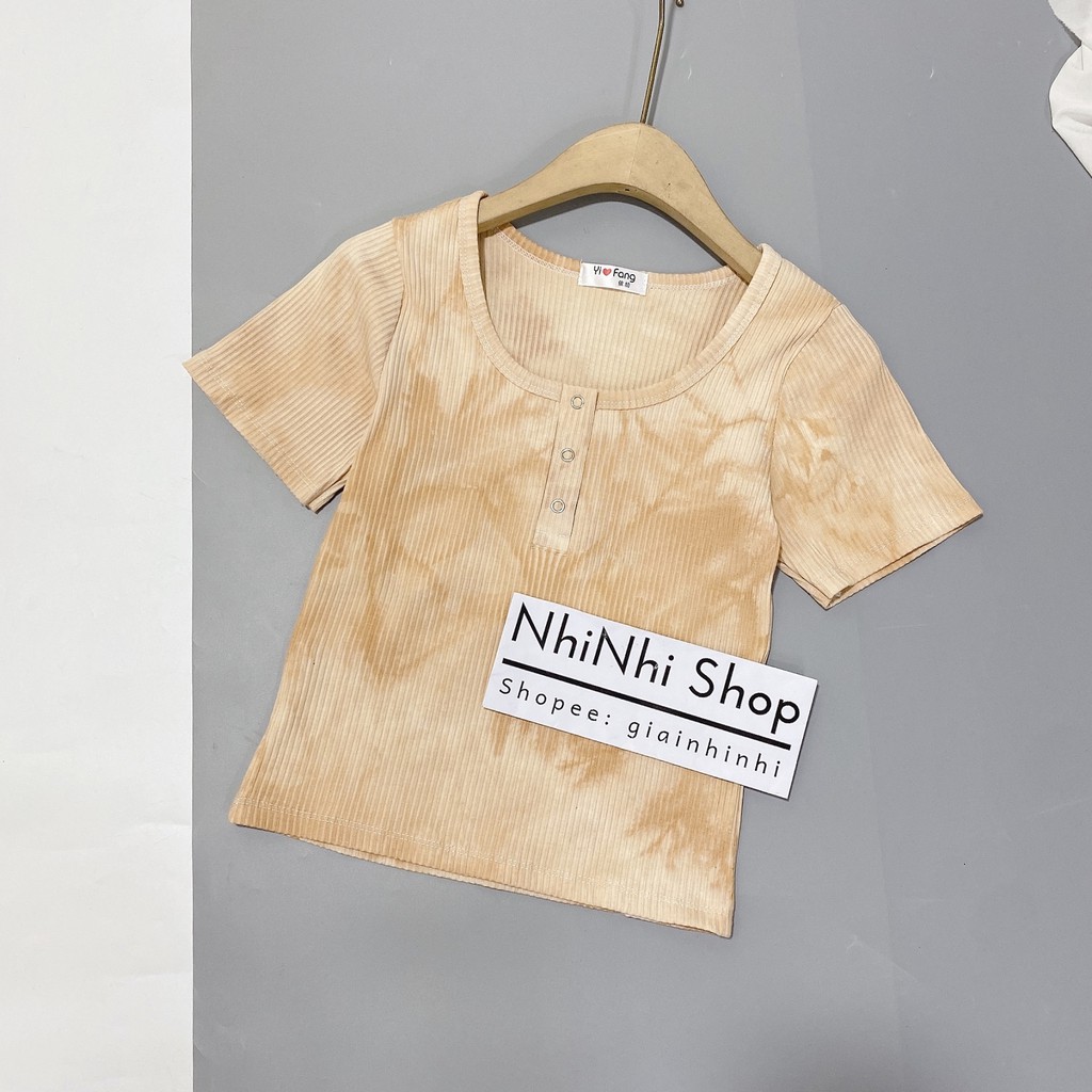 Áo thun tăm loang cổ vuông cúc bấm, Áo thun kiểu cổ U dáng ôm CS5014 - NhiNhi Shop