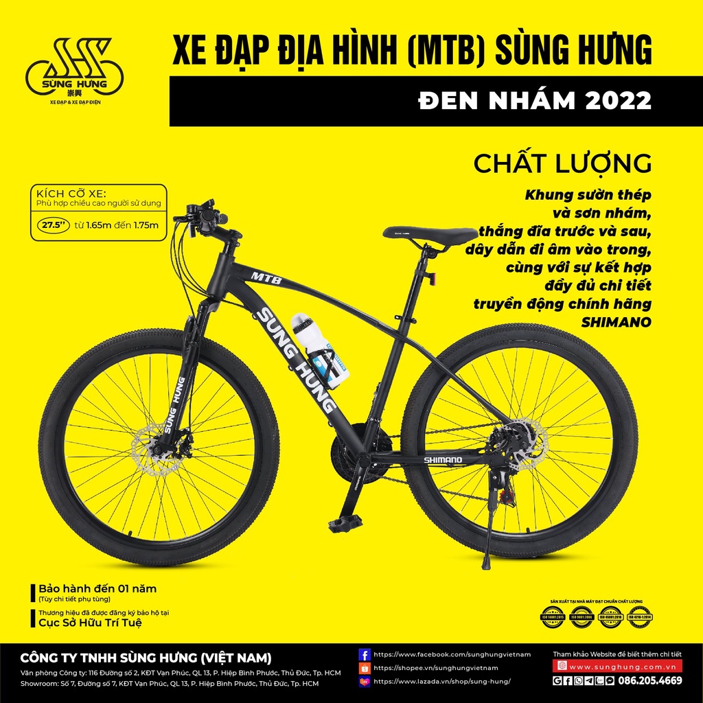 Xe đạp địa hình (MTB) Sùng Hưng Đen nhám Hàng Chính Hãng Bảo hành 1 năm
