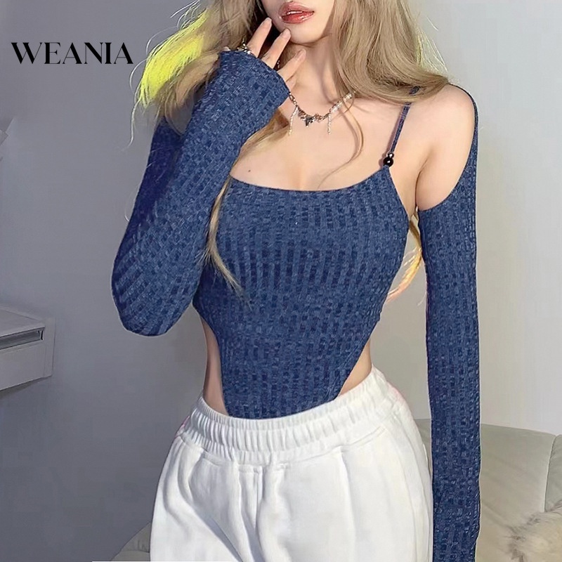 Set Bodysuit Dệt Kim Tay Dài + Quần Lưng Cao Thiết Kế Quyến Rũ Cho Phái Nữ