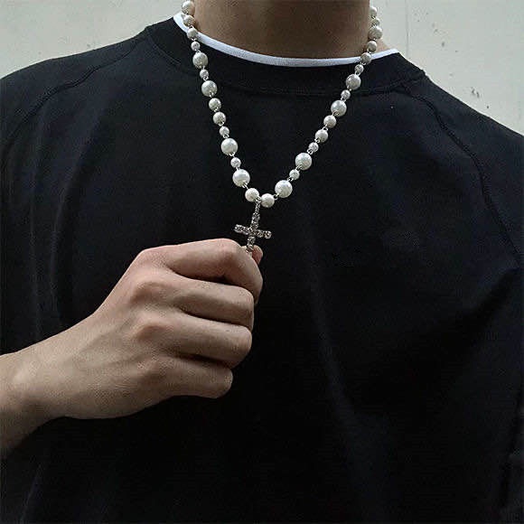 Vòng cổ Chuỗi Hạt Ngọc Trai Mặt Thánh Giá Đính Đá Pha Lê Phong Cách Hip Hop Cho Nam Và Nữ
