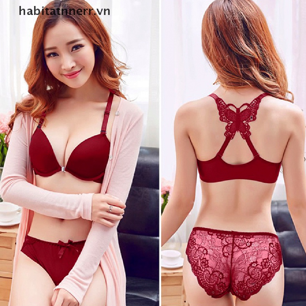 1 Set Áo Lót Ren Không Đường May Có Mút Nâng Ngực + Quần Lót Cùng Hoạ Tiết Cánh Bướm Lưng Cao