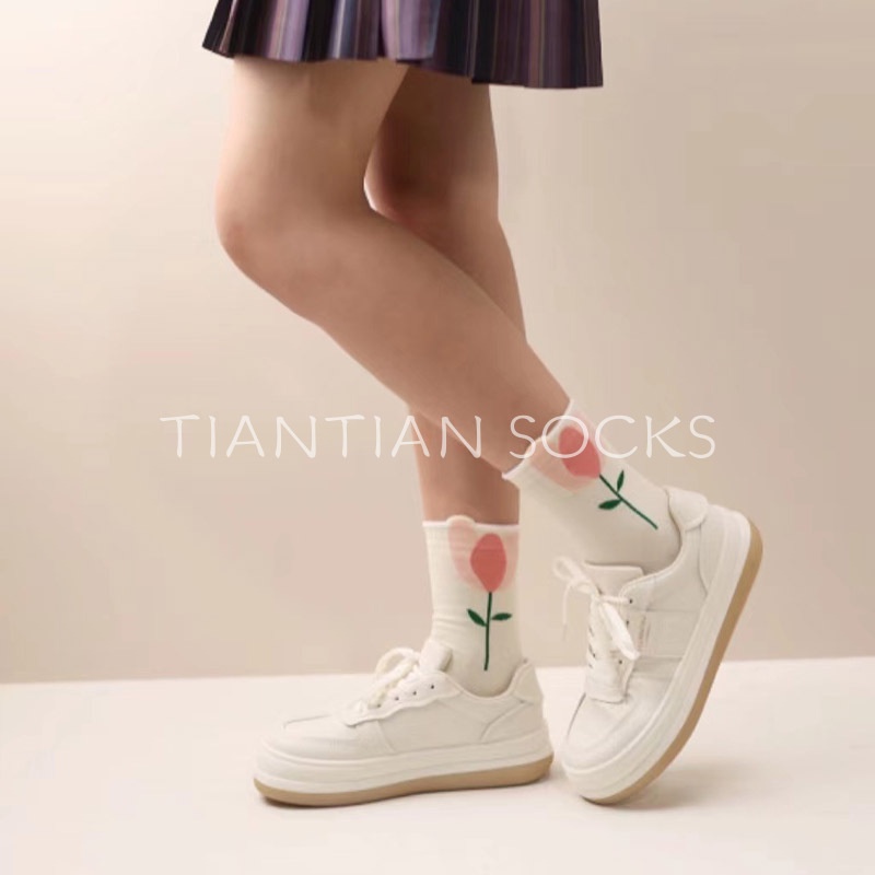 TIAN TIAN T184 Vớ nữ Cotton cao cổ Ba Chiều Mỏng Nhẹ In Họa Tiết Hoa Tulip Dễ Thương Thời Trang Xuân Hè Phong Cách Nhật Bản Cho Nữ