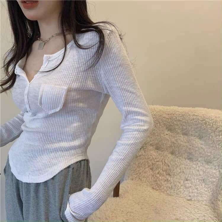 Áo nữ đẹp , áo len tăm tay dài  khuy ngực co giãn giữ nhiệt body dáng ôm -VD0101