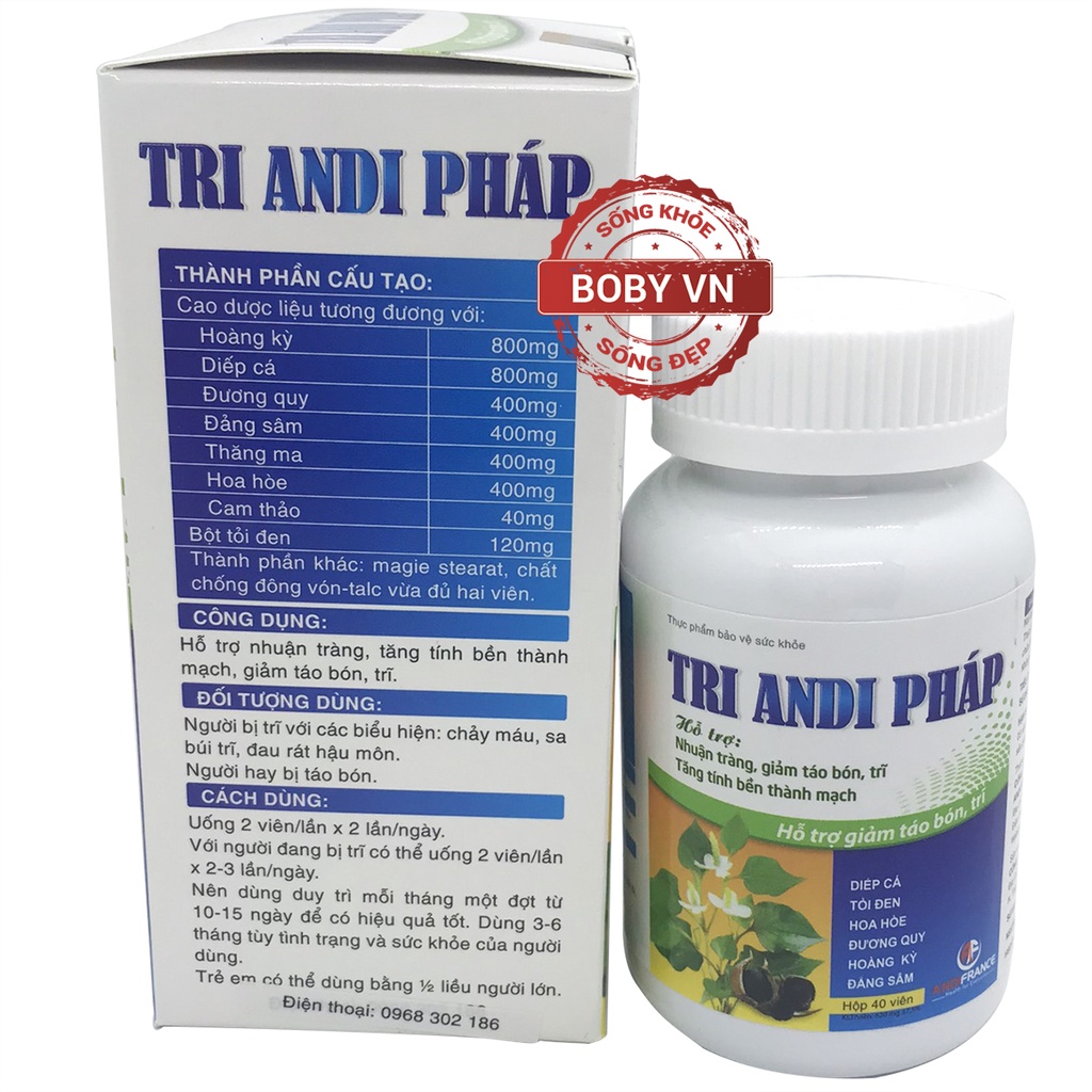 Tri andi Pháp nhuận tràng, giảm táo bón, trĩ - Hộp 40 viên - Bobyvn