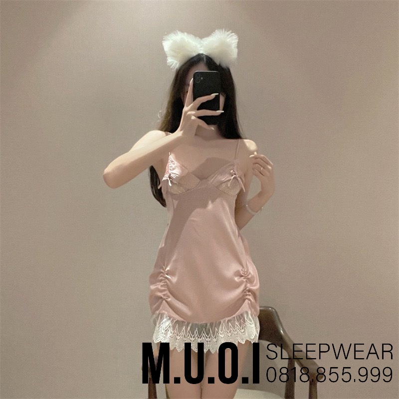 Váy ngủ sexy Quảng Châu[FREESHIP]-Sx 66 Váy ngủ lụa phối ren dây rút hottrend QCCC Muối Sleepwear-sẵn