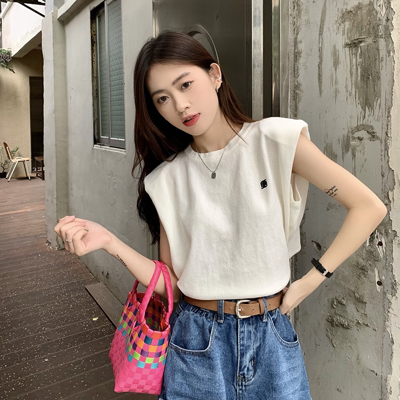 Áo dệt kim sát nách cổ tròn kẻ sọc ngang phong cách Hàn Quốc