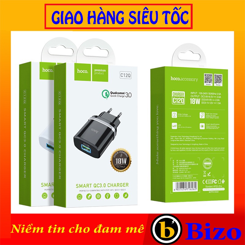 🔥CHÍNH HÃNG🔥Cốc Sạc Nhanh 18W Hoco C12Q Dòng QC3.0, Củ Sạc Nhanh lightning, type, micro, ip, oppo, samsung, xiaomi,