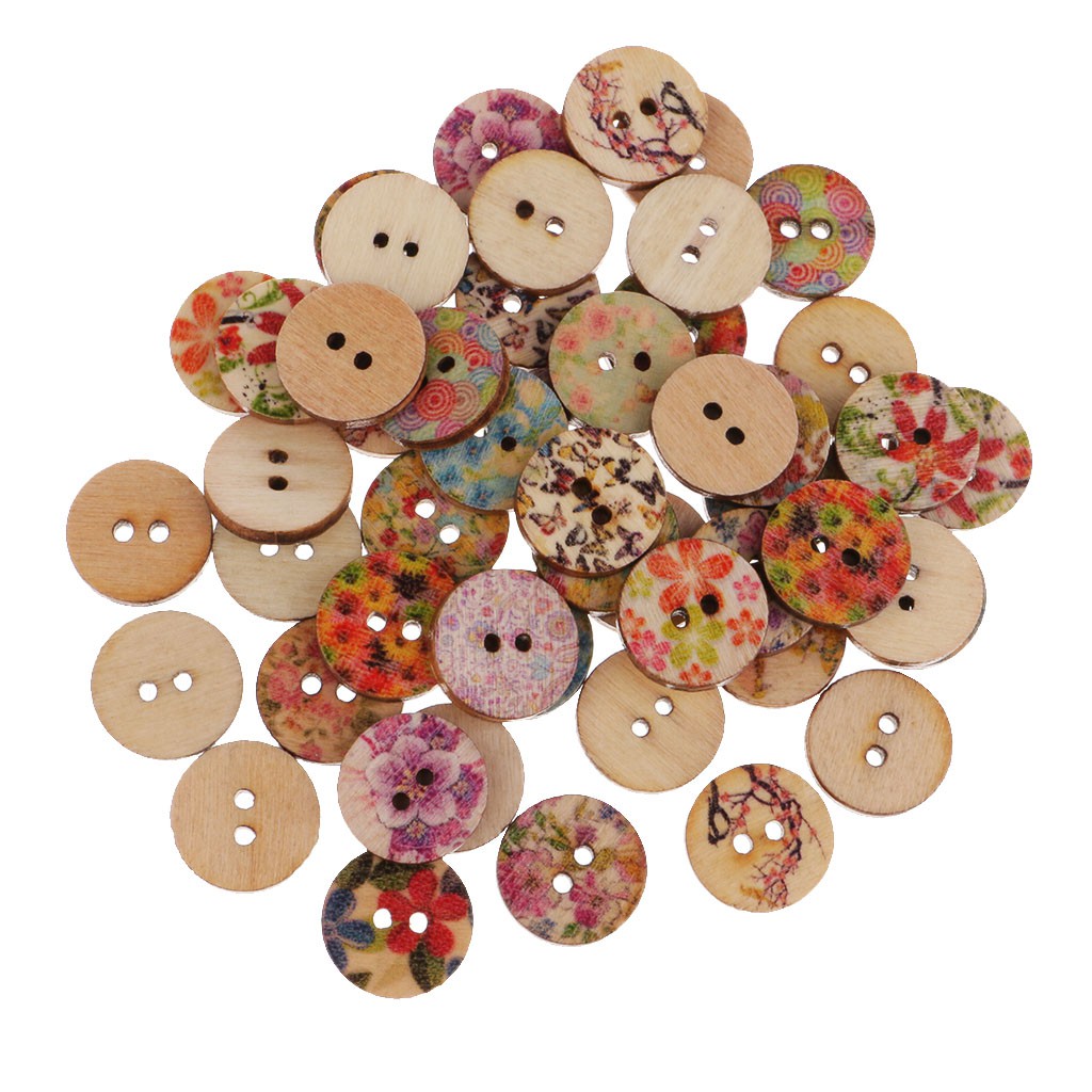 Set 50 Nút Gỗ Tròn 2 Lỗ In Họa Tiết Hoa Phong Cách Vintage Dành Cho May Vá / Sổ Tay