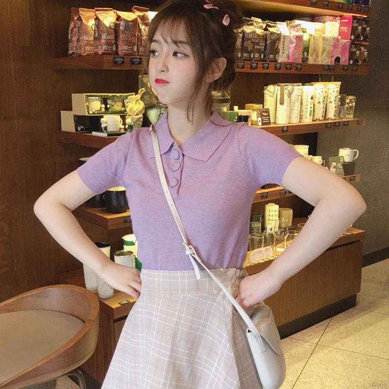 Áo thun polo nữ dệt kim tay ngắn màu kẹo ngọt | BigBuy360 - bigbuy360.vn