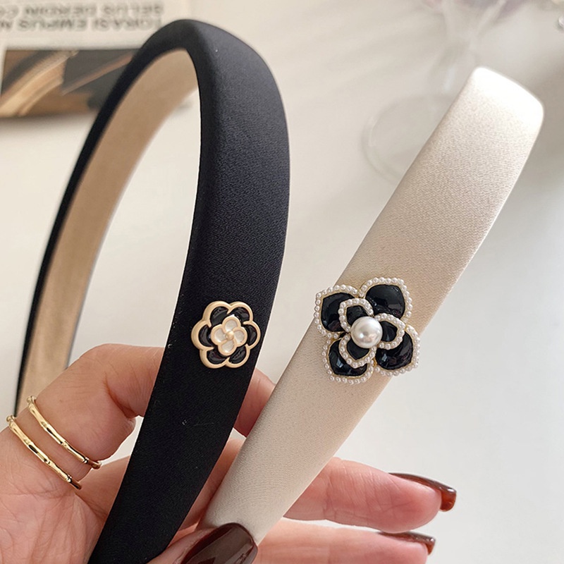 Băng Đô Cài Tóc Màu Sắc Trơn Đính Hoa Trà Phong Cách Hàn Quốc