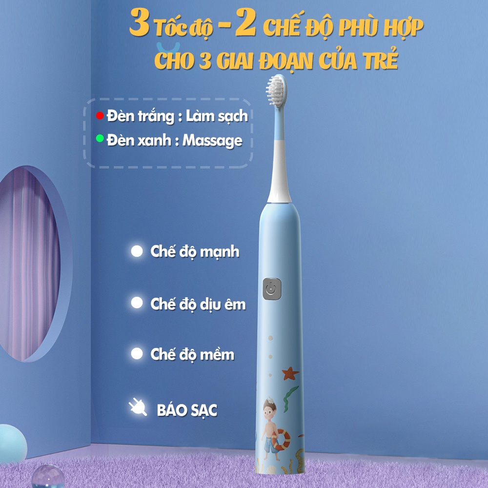 Bàn chải đánh răng điện trẻ em KEMEI KM-YS710 công nghệ rung siêu âm + Tặng 4 đầu bàn chải thay thế - Hàng chính hãng