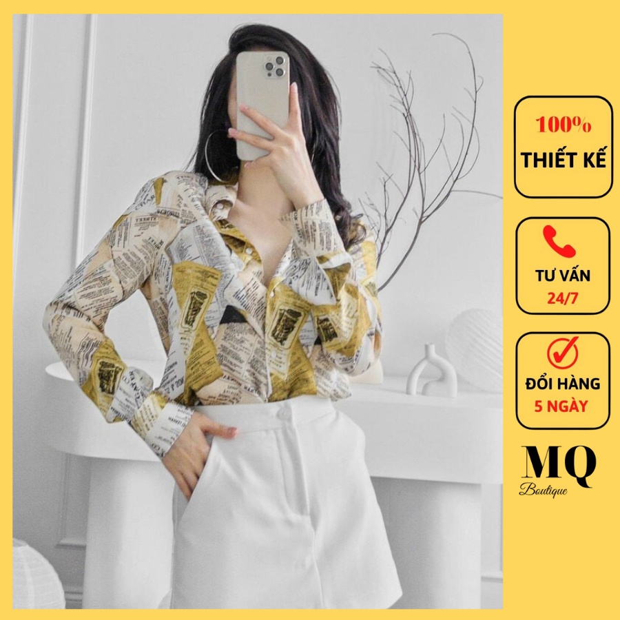 Áo sơ mi nữ lụa dài tay cao cấp công sở họa tiết tờ báo chữ, áo sơ mi họa tiết thiết kế MQ Boutique