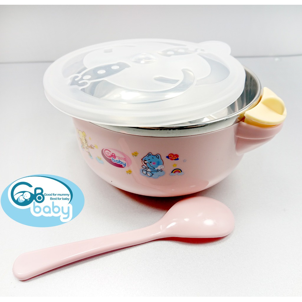Bát ăn dặm Inox GB-Baby 7739 tặng kèm thìa cùng màu tích hợp chức năng hâm thức ăn ở đáy bát cho bé chính hãng