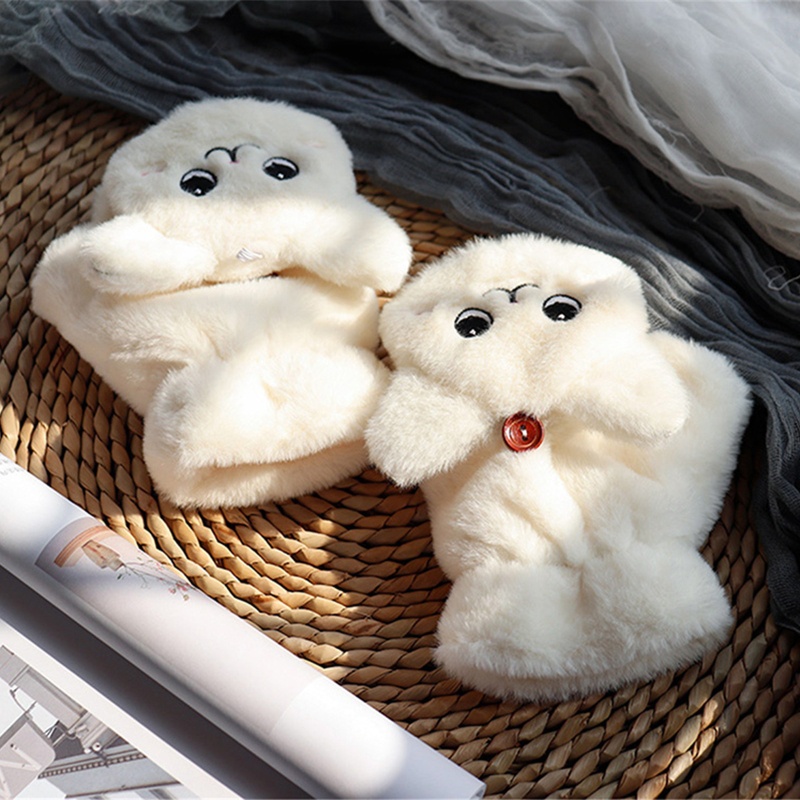 Găng tay hở ngón giữ ấm phối lông dày hình mèo dễ thương cho nữ