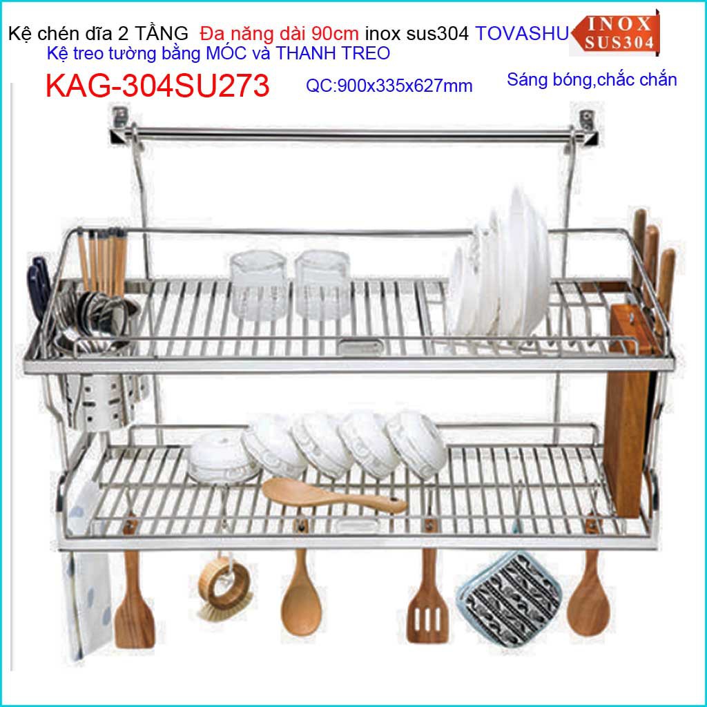 Kệ chén bát Tovashu KAG-304SU273-90cm, kệ chén dĩa 2 tầng inox hộp SUS304 Nhật Bản 90cm có móc treo