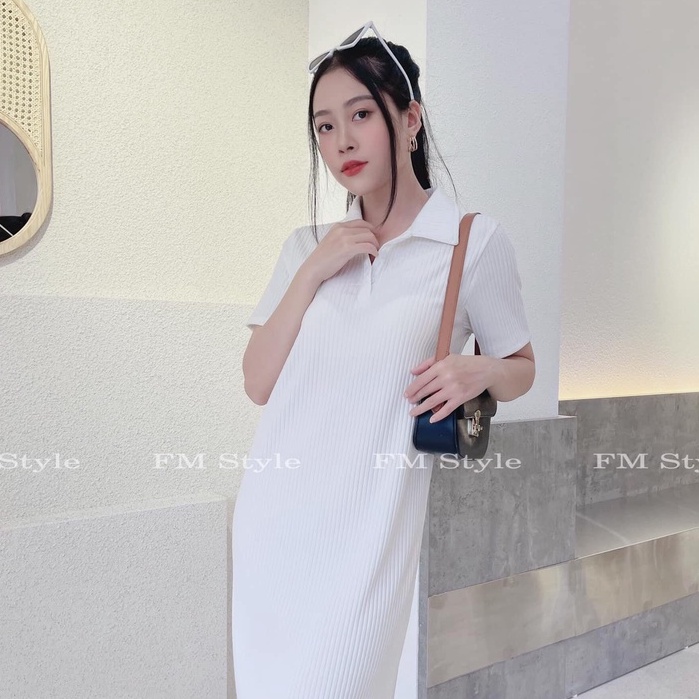 Đầm polo nữ FMSTYLE cổ bẻ dáng suông dài basic chất thun tăm tay ngắn thoải mái 211112518
