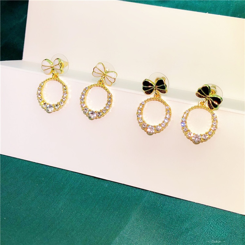 Khuyên Tai Hình Nơ Đính Đá Zircon Phong Cách Hàn Quốc