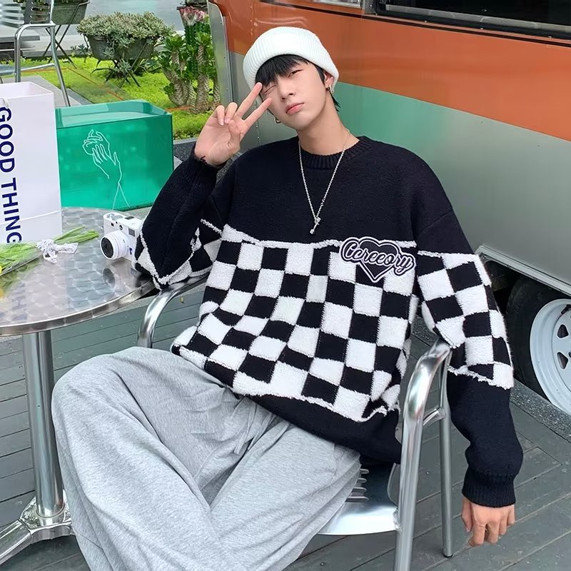 Áo Sweater Cổ Tròn Họa Tiết Sọc Caro Thời Trang Thu Đông Cho Nam