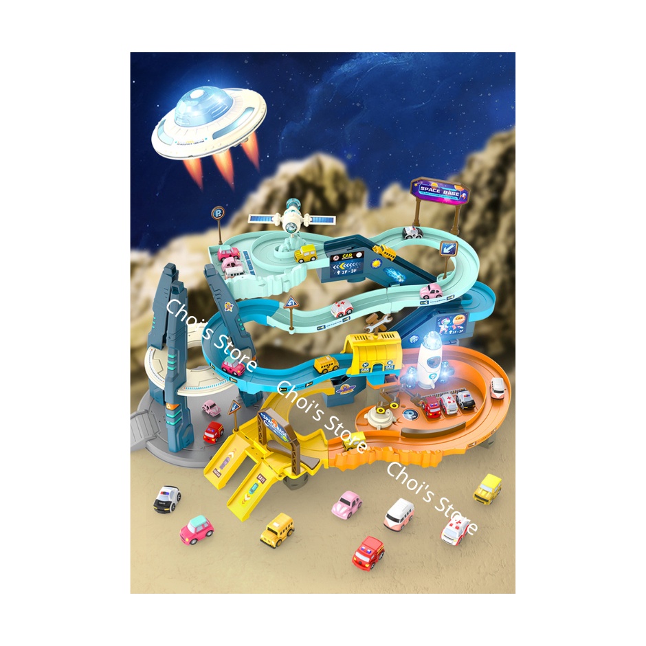 (kèm 4 xe nhỏ) Đường đua ô tô trạm du hành vũ trụ, đồ chơi bãi đậu xe gara ô tô có thang máy tự động