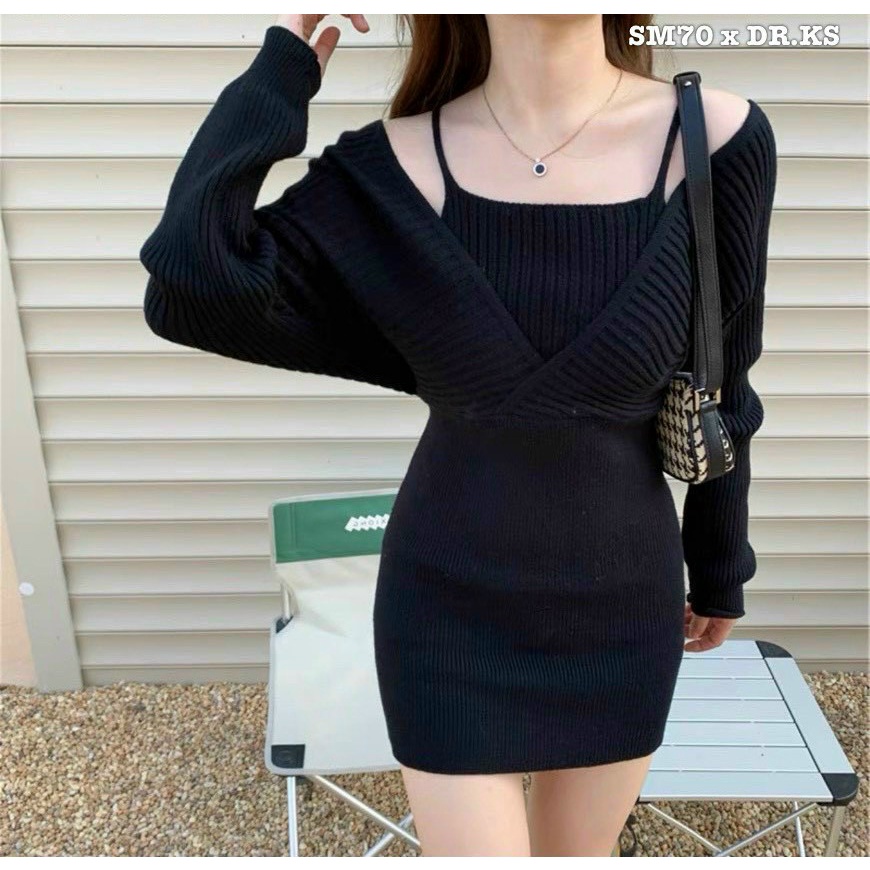 ĐẦM LEN ÔM BODY CỔ V HÀN QUỐC, VÁY LEN ÔM BODY, VÁY LEN DÁNG DÀI, ĐẦM LEN DÀI TAY XINH XẮN