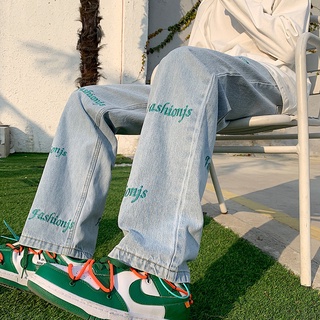 ✦ AFFLIGA ✦Quần Jeans Nam Màu Xanh Nhạt Thêu Chữ Phong Cách Hàn Quốc