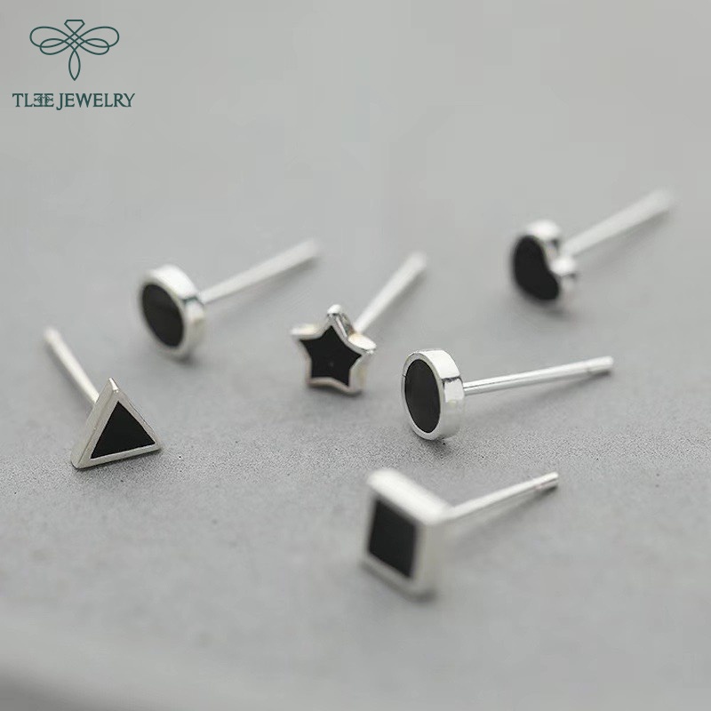 Khuyên tai bạc TLEE unisex hình khối đá đen cá tính TleeJewelry B0181